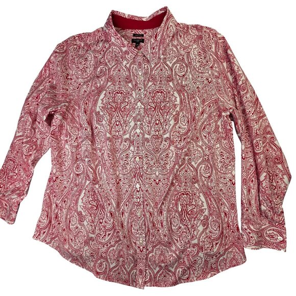 Talbots Shirt Womens 18W Red White Paisley Wrinkle Resistant Button Front Top - Picture 1 of 12